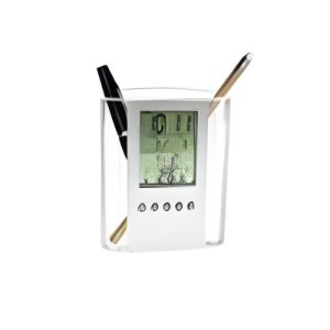 PORTA LAPICERO TRANSPARENTE CON RELOJ